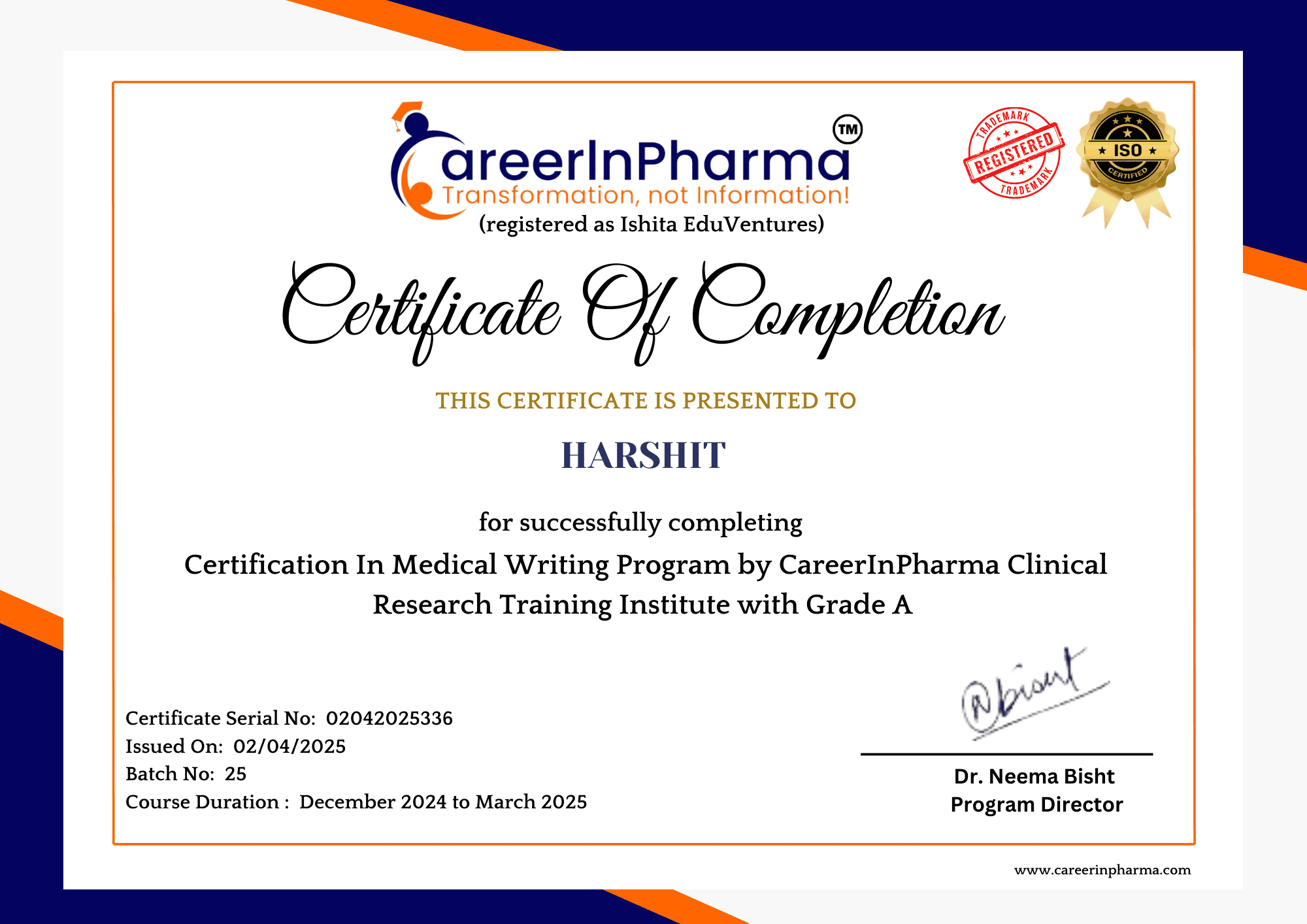 Main Course Certificate 1